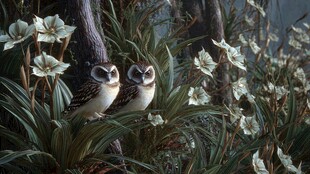 双猫头鹰栖于繁花绿植间