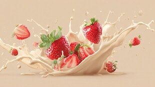 草莓溅入牛奶的动感瞬间