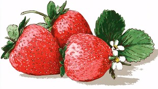 手绘三颗新鲜草莓及花朵