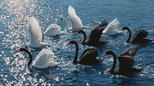 湖面上的黑白天鹅共舞