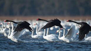 黑白天鹅共舞于水面