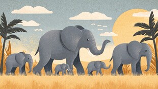 大象家族漫步草原黄昏景