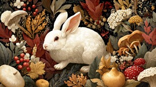 白兔置身缤纷秋日植物间