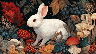 森林中的白兔与缤纷植物