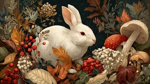 白兔栖于秋日野果花丛间