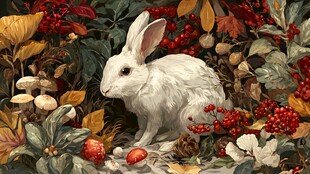 白兔置身多彩植物间