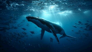 深海中的蓝鲸与群鱼共舞