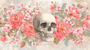 骷髅与花卉的复古艺术画