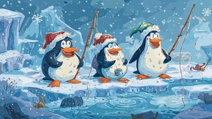 冬日企鹅欢乐钓鱼趣景