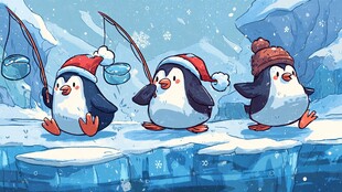 圣诞企鹅在冰面欢乐垂钓