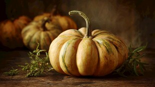 金黄南瓜与绿植的静物组合