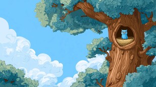 树洞中可爱的蓝色猫头鹰