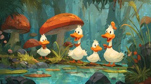 森林中漫步的可爱鸭一家