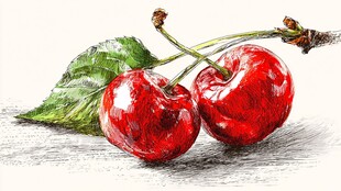 手绘双颗鲜红饱满大樱桃