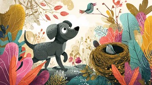 小狗探鸟巢的奇幻自然景