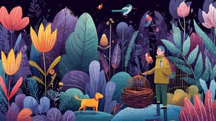 梦幻夜花园中的人与动物