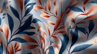 蓝橙叶纹织物纹理特写