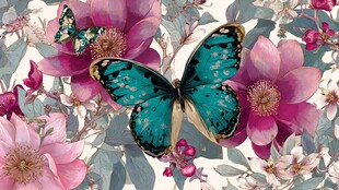 蓝蝶栖于繁花间的梦幻图景