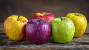 多彩苹果摆于木质背景前