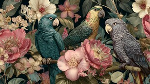 花丛中的多彩鹦鹉