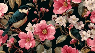 花鸟绘景 繁花与灵动鸟儿