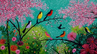 春日繁花间的多彩鸟儿