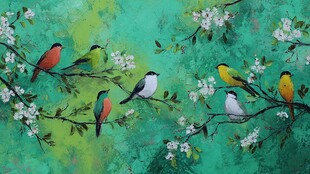 枝头彩鸟闹春景