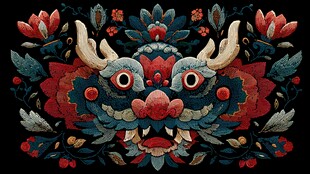 中式刺绣风神兽花卉图案