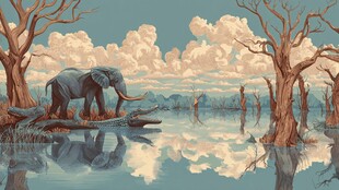 大象漫步于水畔枯木间