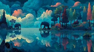 梦幻夜森林中的大象倒影