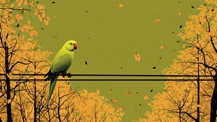 绿鹦鹉栖于秋日树枝间