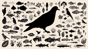 鸟与海洋生物的黑白插画