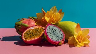 多彩热带水果与艳丽花朵