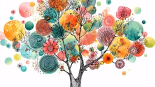 多彩梦幻花卉树插画