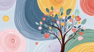 梦幻多彩树与抽象背景图案