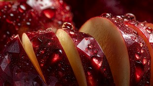 红苹果切片上的晶莹水珠