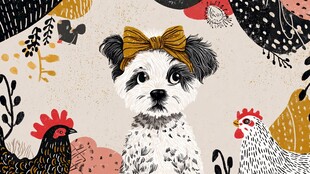 戴蝴蝶结小狗与群鸡插画