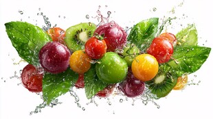 缤纷水果带叶水花四溅