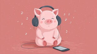小猪戴耳机惬意听音乐