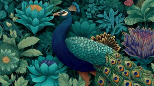 孔雀栖于繁茂绿植花丛中