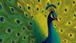 绚丽孔雀展开斑斓尾羽