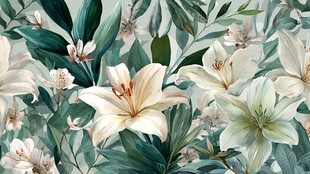 纯白百合与绿叶花卉图案