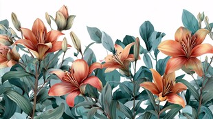 橙色百合花与绿叶装饰图