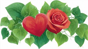 心形玫瑰绿叶浪漫插画