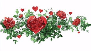 红玫瑰与爱心浪漫花卉图