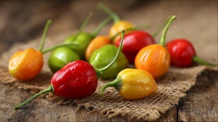 多彩小辣椒摆于麻布之上