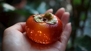 手中晶莹剔透的诱人柿子