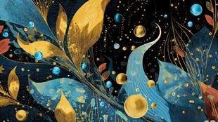 梦幻蓝金植物星空插画