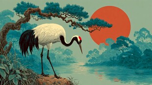 松鹤伴日的静谧自然图景