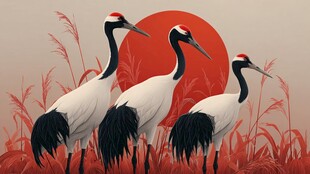 红日下的三只优雅丹顶鹤